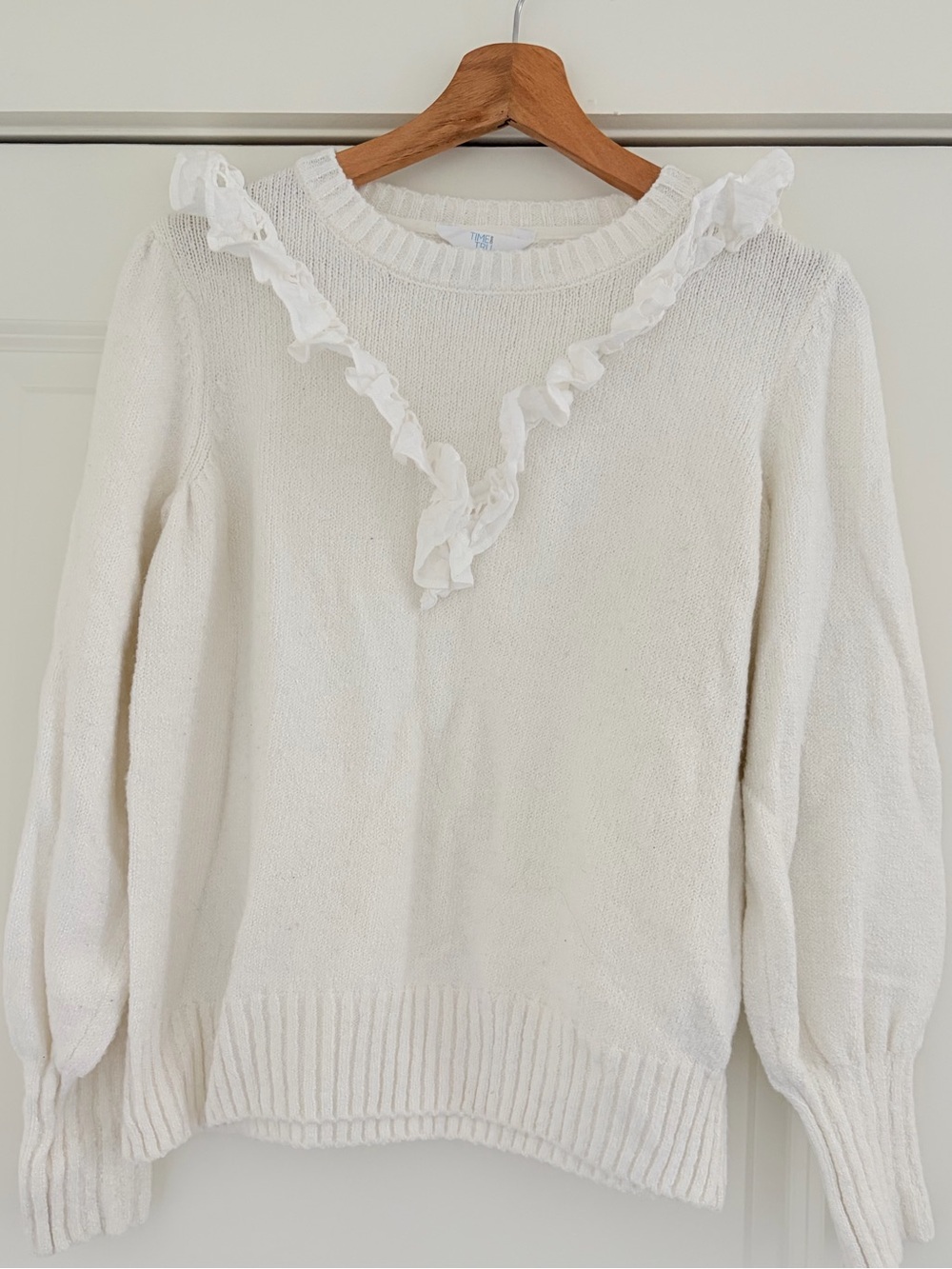 Time and Tru Cream Ruffle-Trim Crewneck Sweater